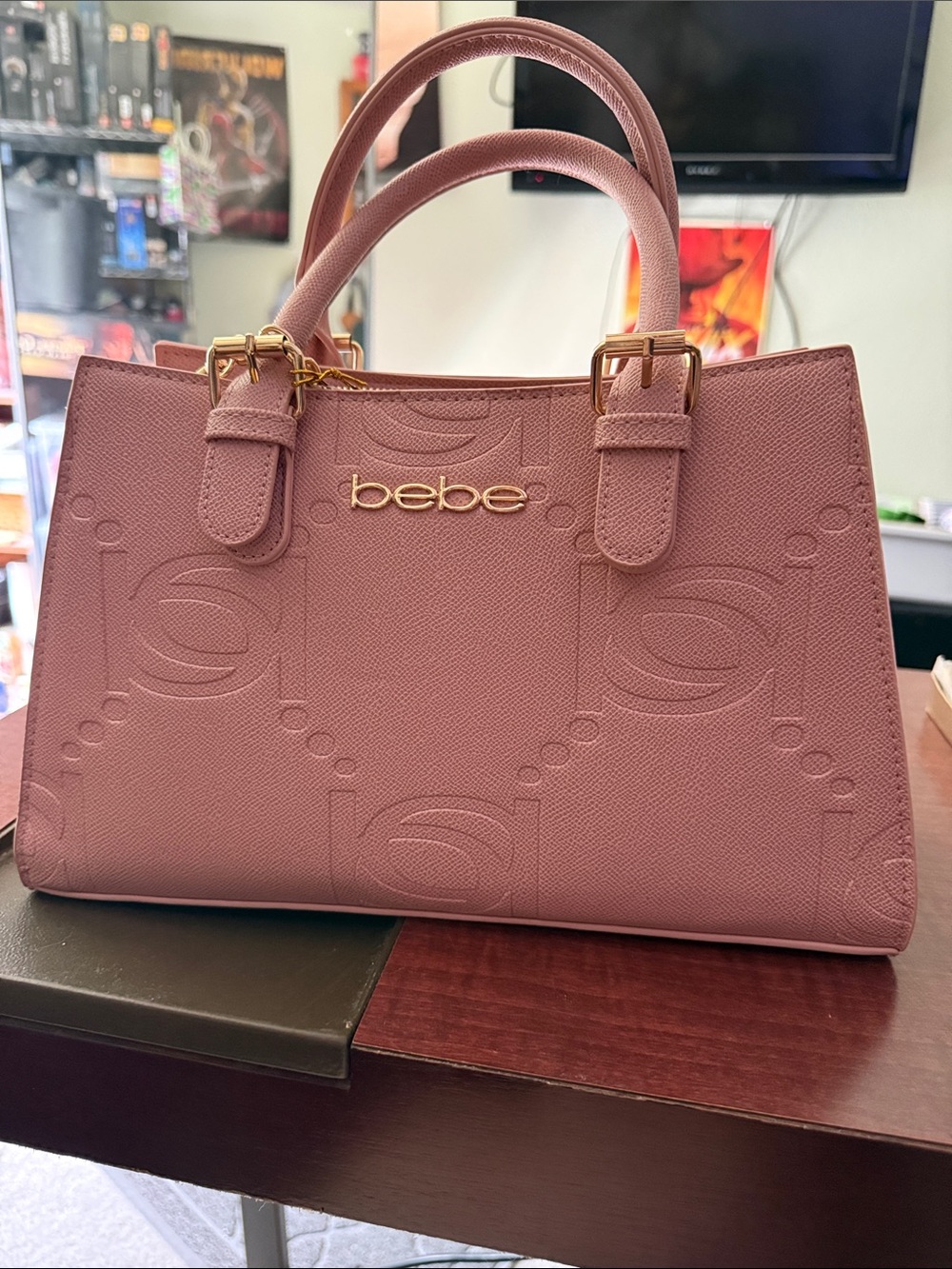 bebe Dusty Rose Embossed Logo Satchel with Gold Hardware